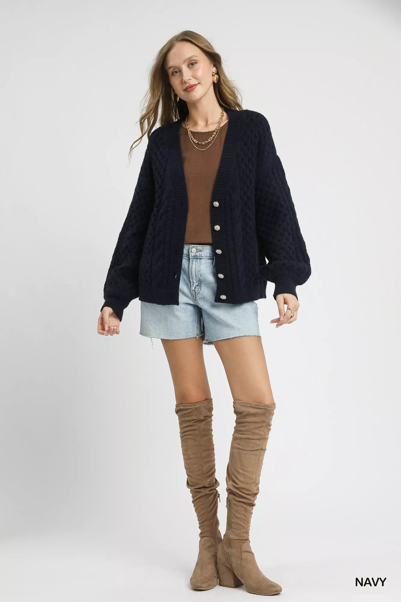 Umgee Cable Knit Pearl Button Cardigan – Navy