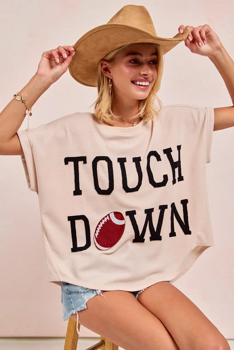 BiBi Oatmeal & Black Game Day Touchdown Letter Patches Waffle Short Top