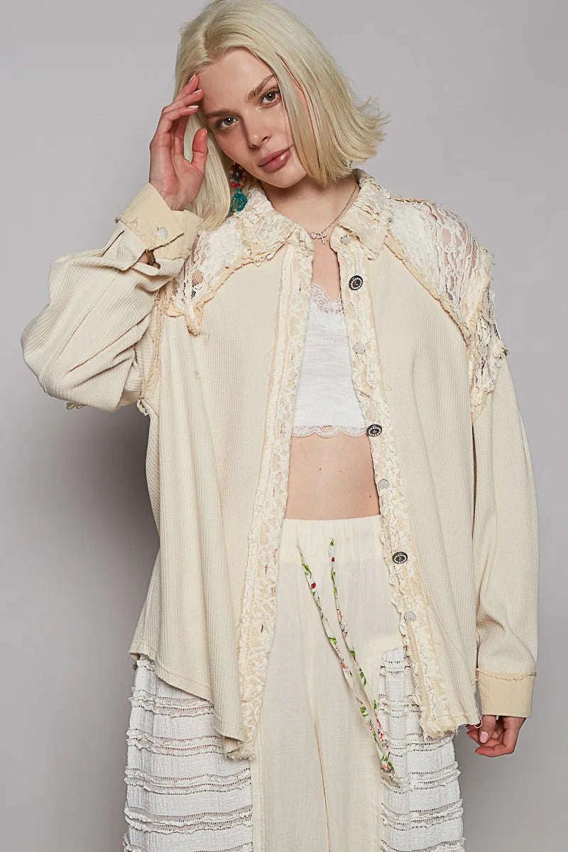 POL Cream Lace Patchwork Button Up Shacket Cream