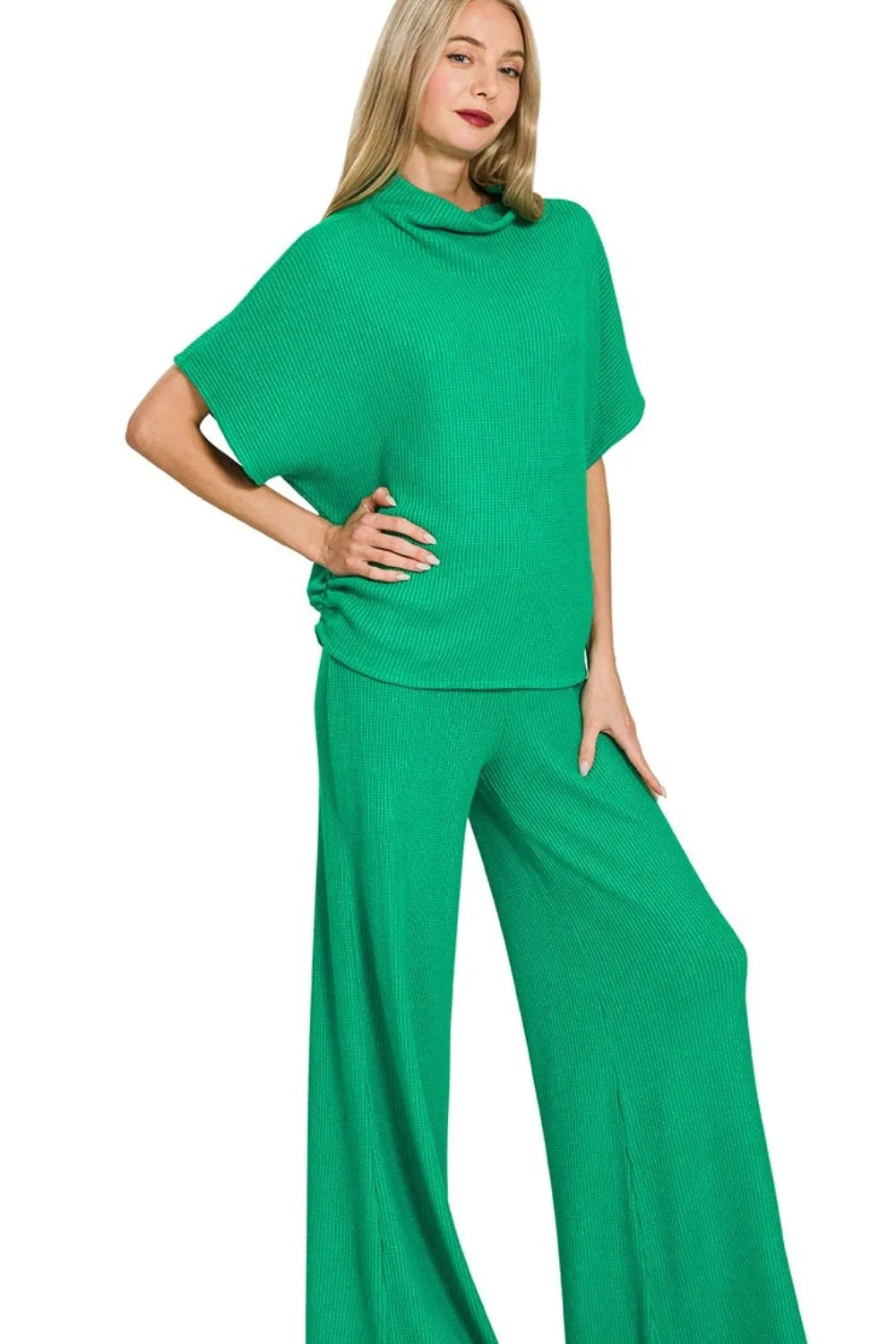 Zenana Kelly Green Sweater Mock Neck Top & Long Pants Set