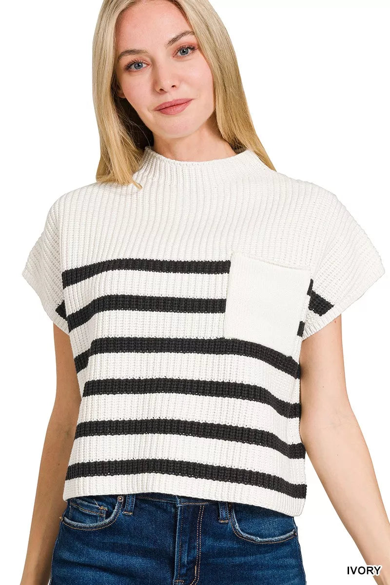Zenana Ivory & Black Short Sleeve Stripe Sweater IVORY