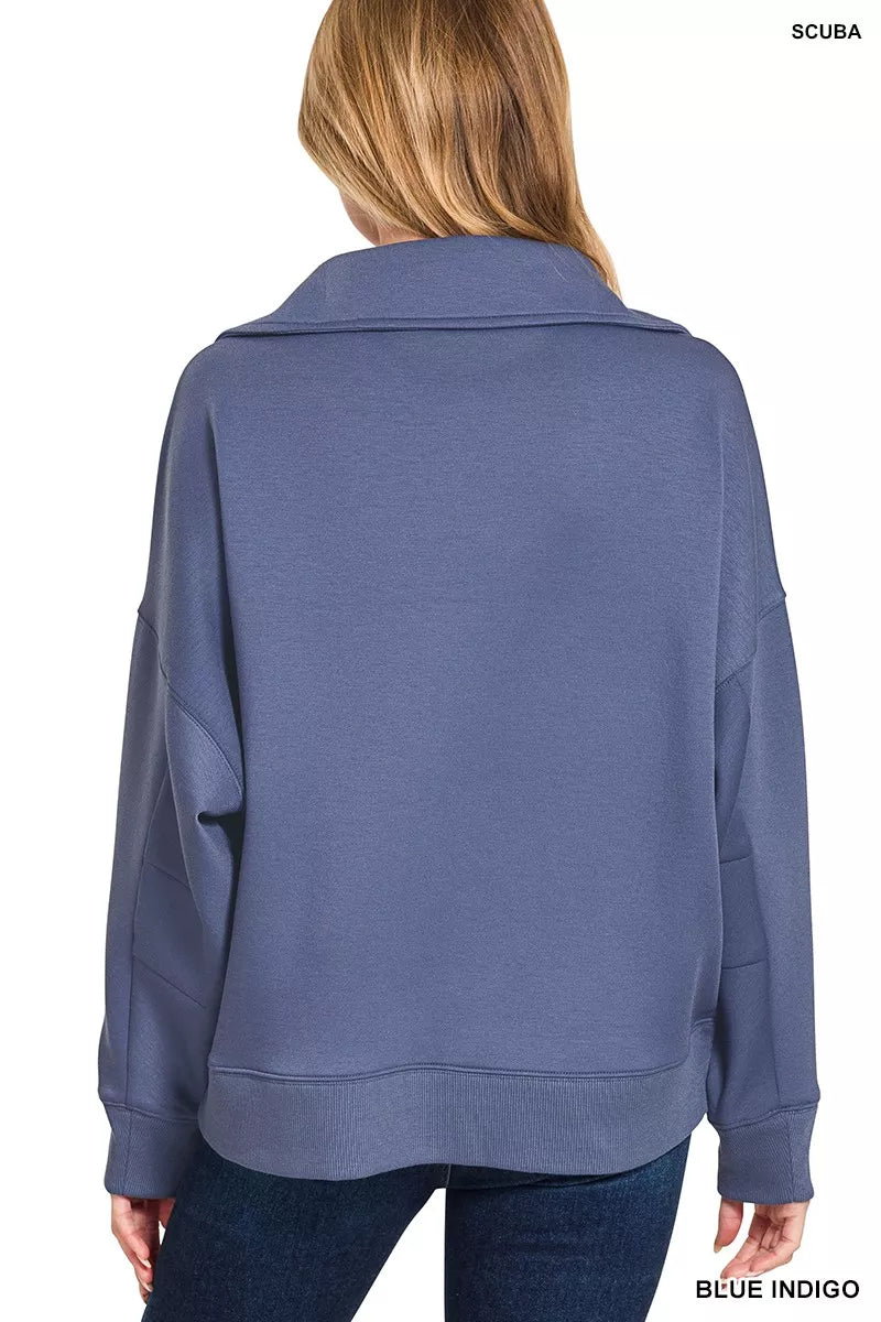 Zenana Blue Indigo Scuba Collared Pullover and Pants Set