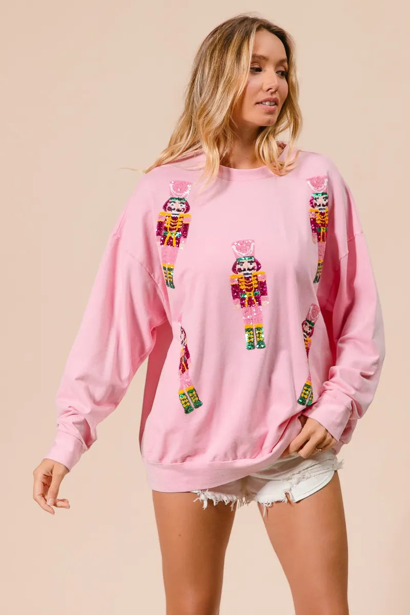 BiBi Light Pink Sequin Nutcrackers Embroidery Christmas Sweatshirt