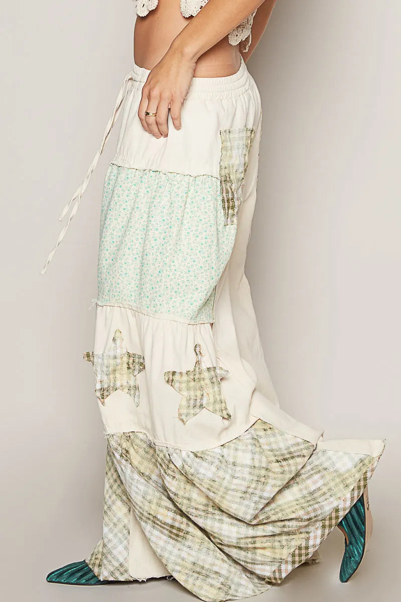 POL Cream Drawstring Star Patch Contrast Wide Leg Pants