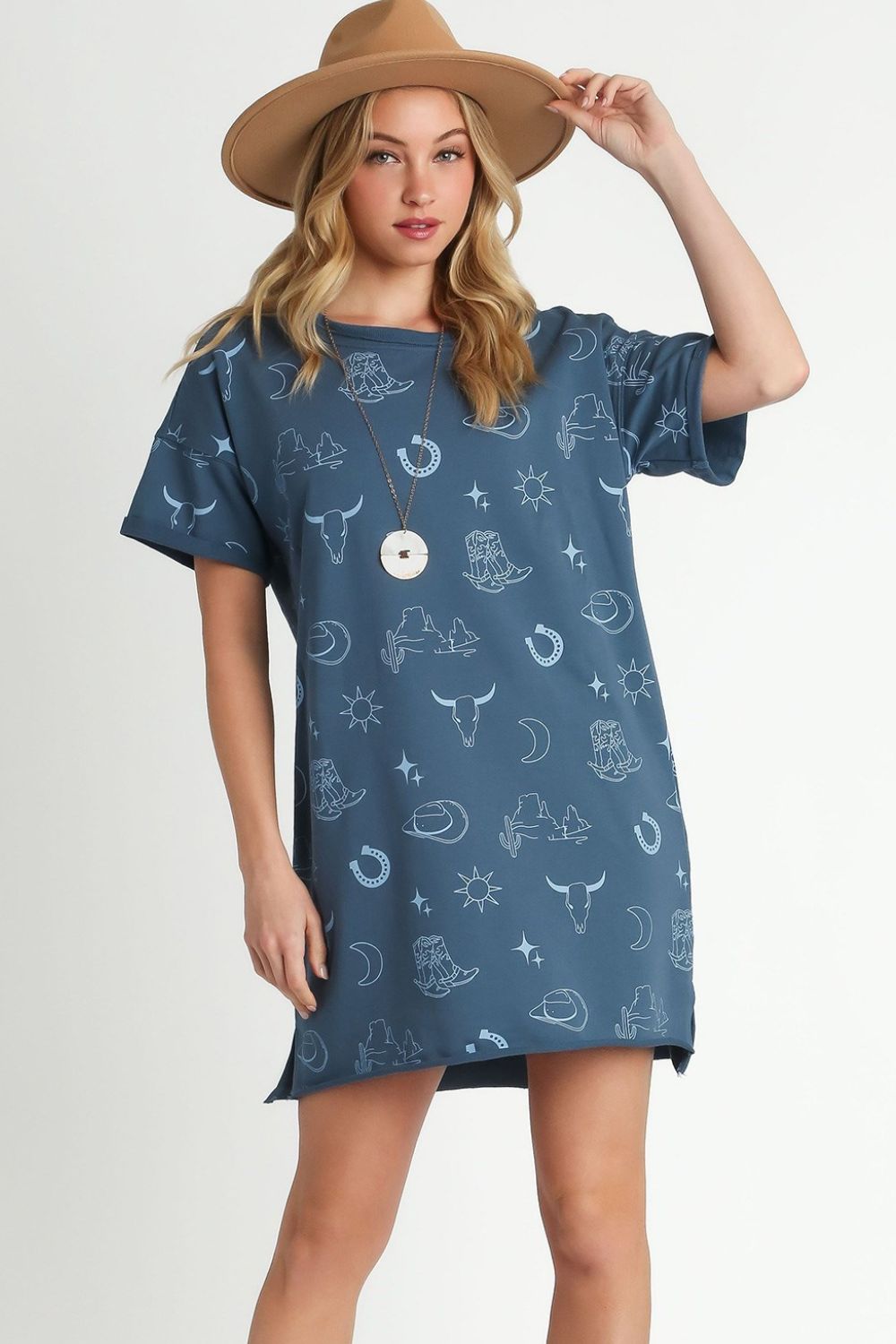 Umgee Peacock French Terry Short Sleeve Round Neck Dress Peacock Blue