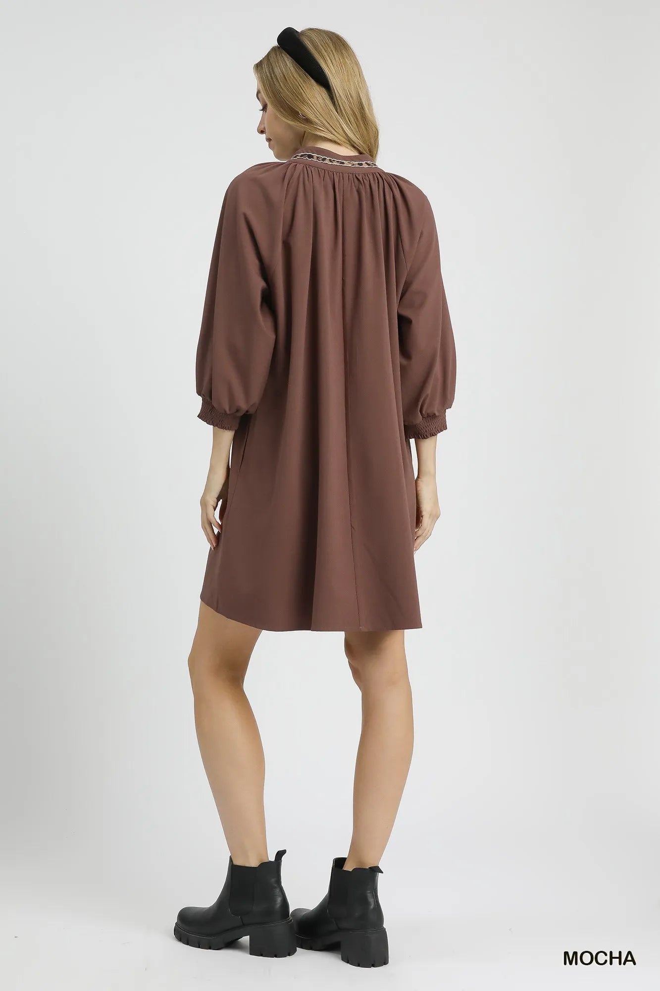 Umgee Mocha V-Neck Shift Dress with Sheer Leopard Trim