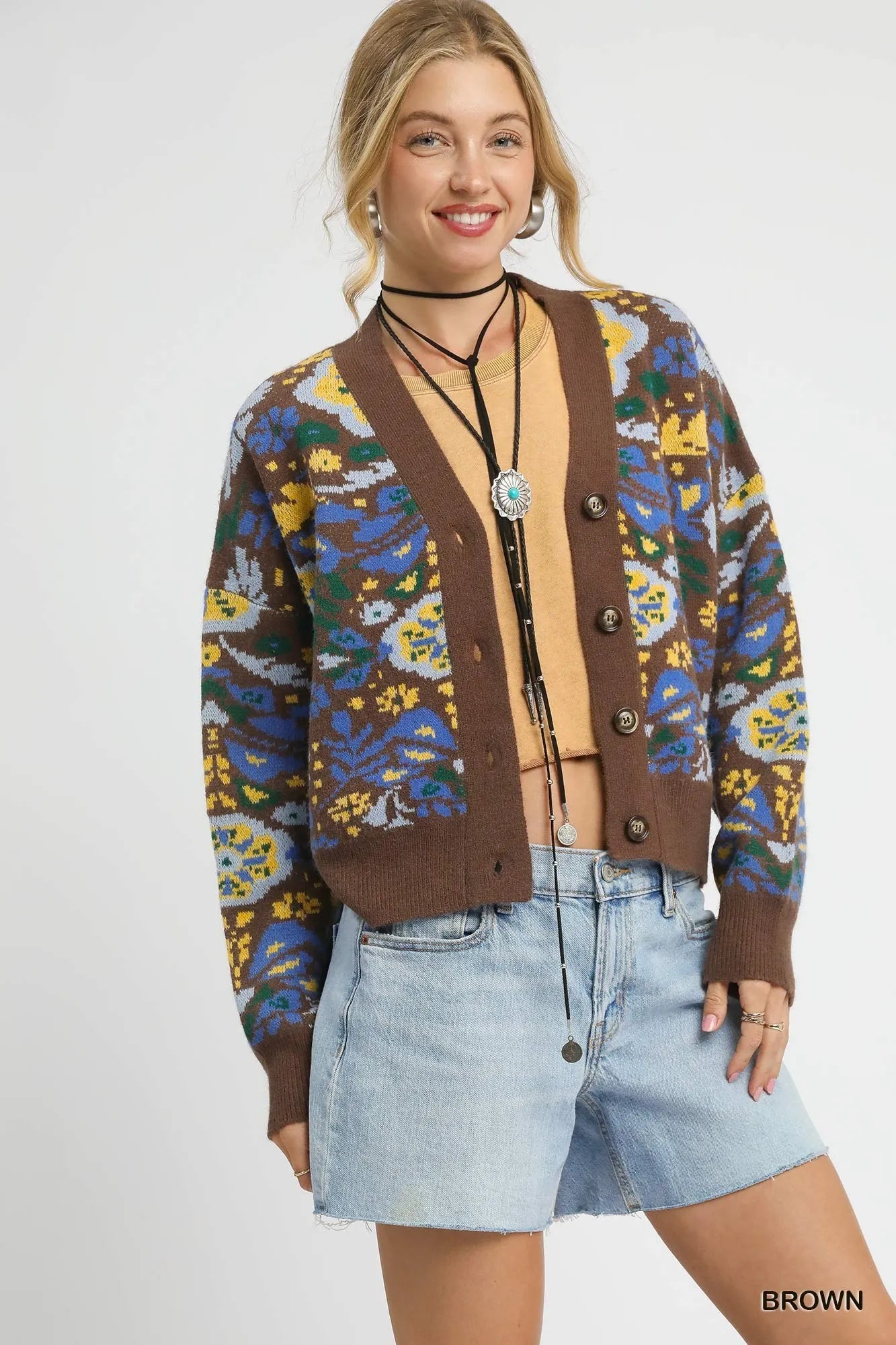 Umgee Brown Floral Knit Button-Up Cardigan Brown