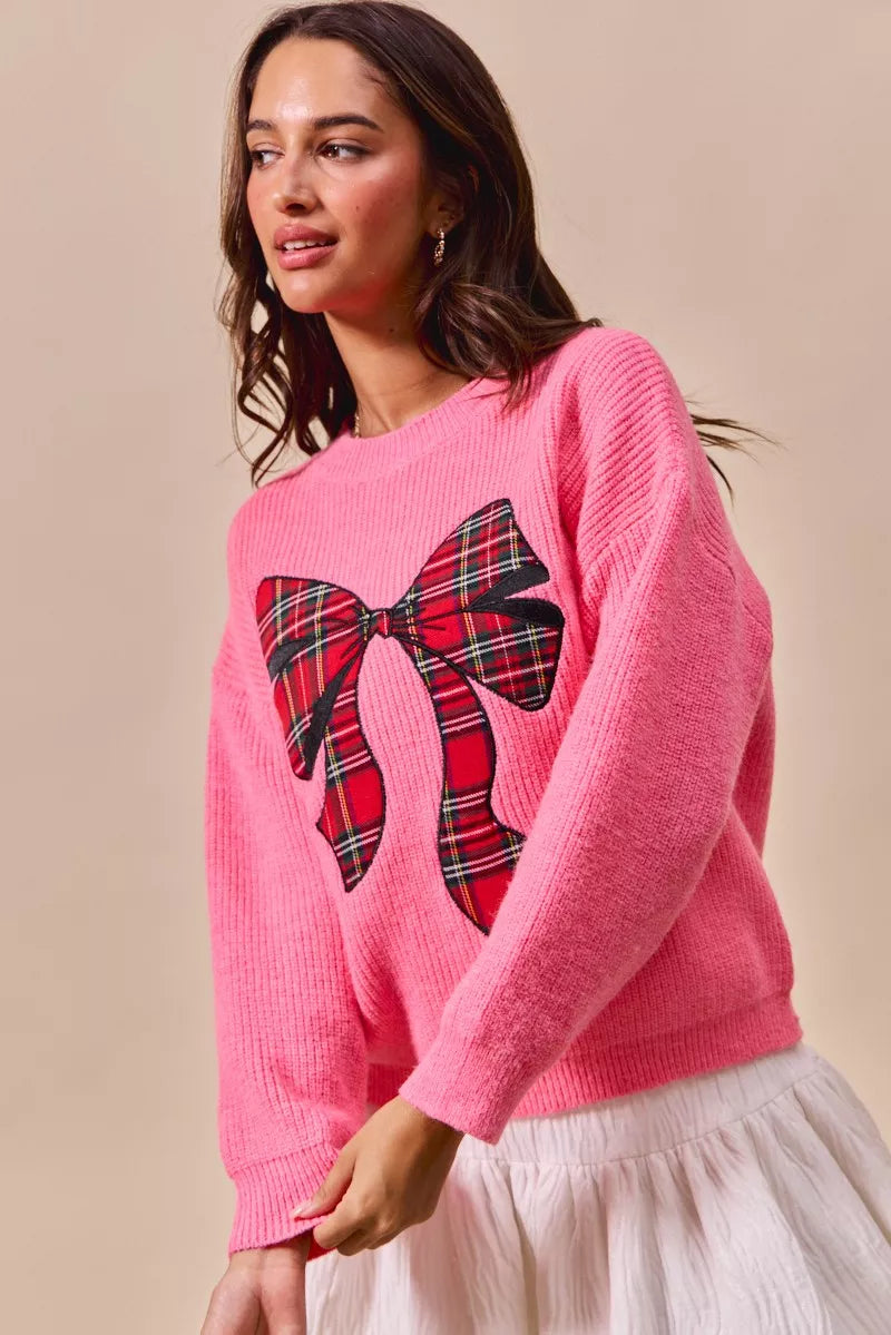 SO ME Pink Checker Plaid Ribbon Christmas Holiday Sweater