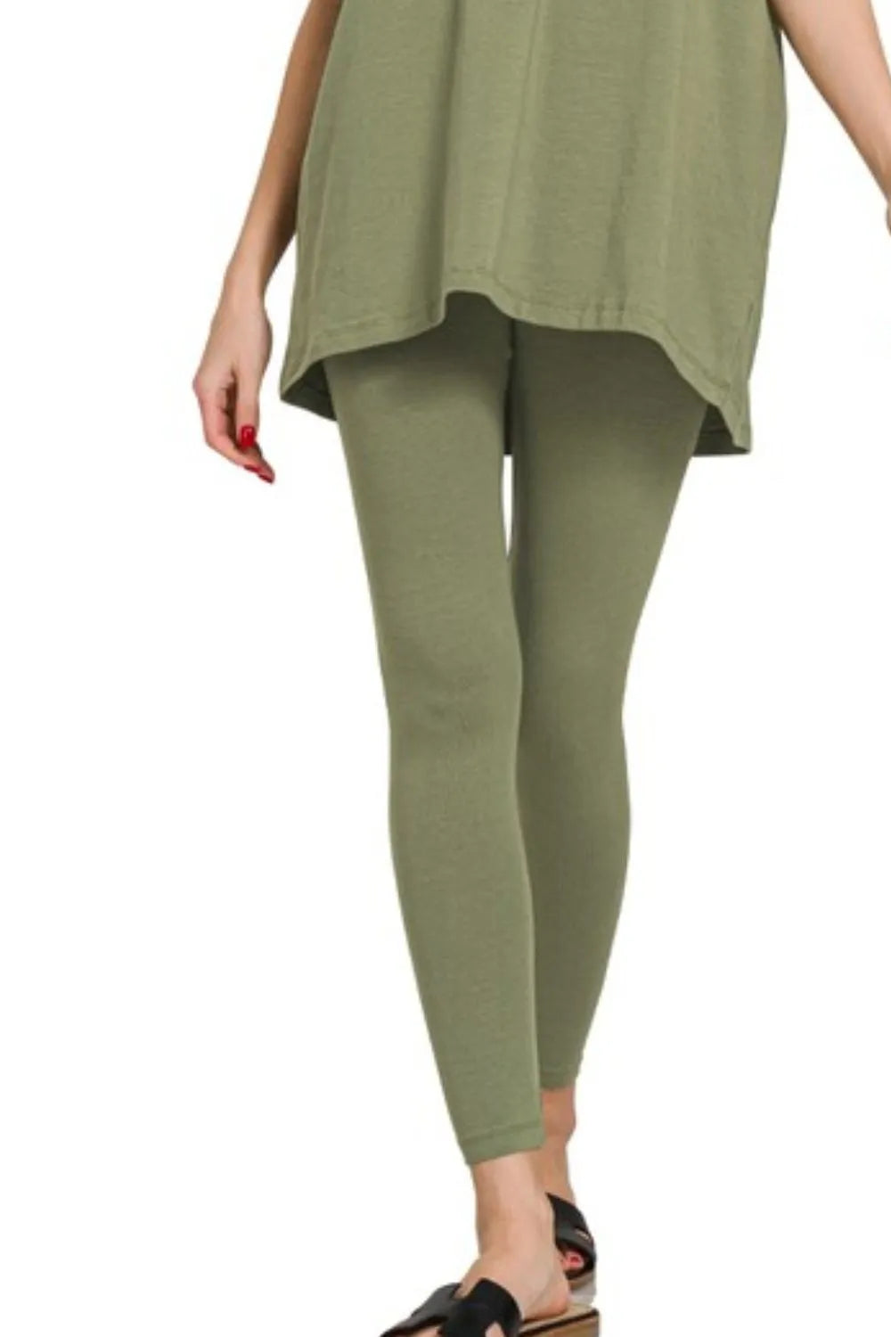 Zenana Light Olive Cotton Round Neck Top & Legging Set