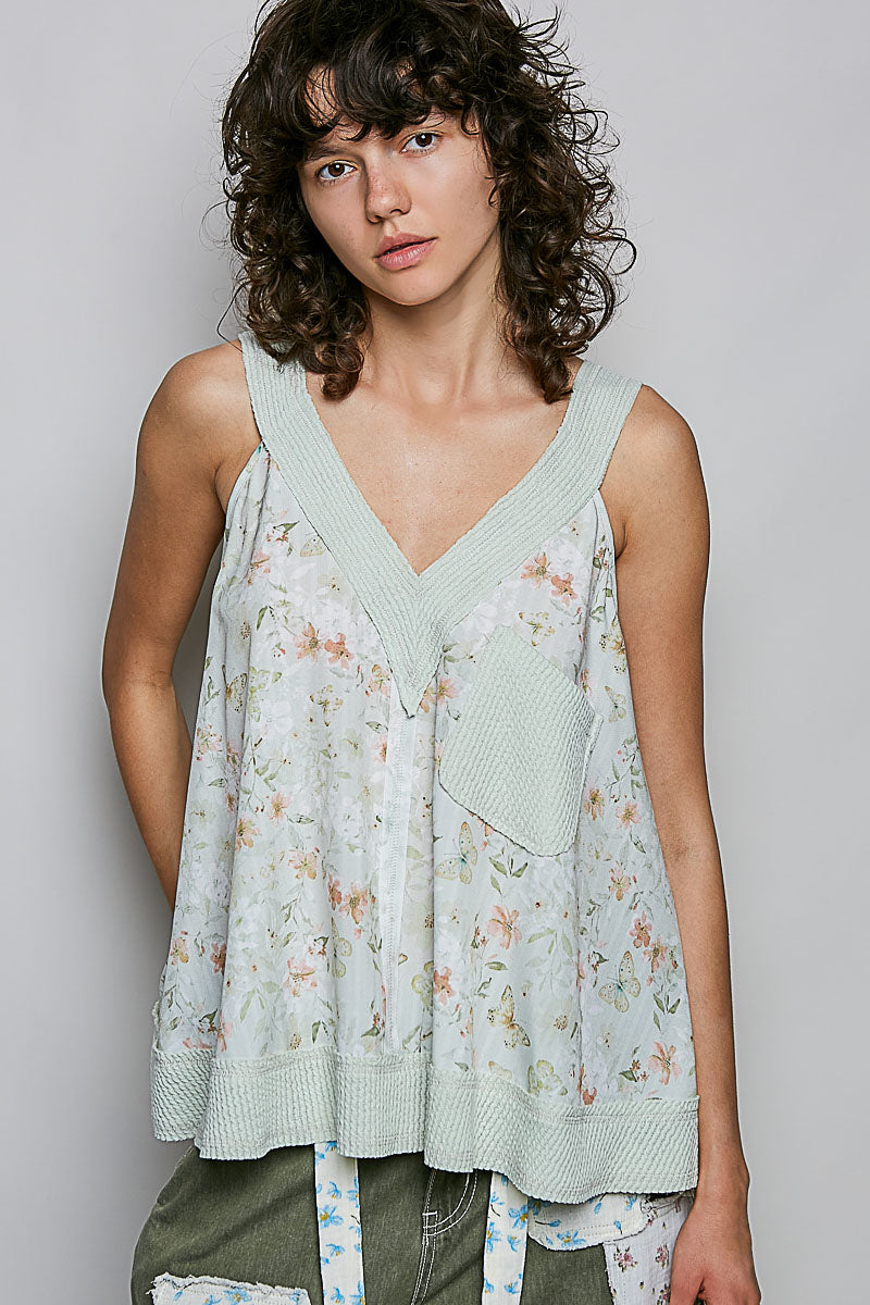 POL Sage Multi Floral V-Neck Tank with Front Pocket SAGE MULTI