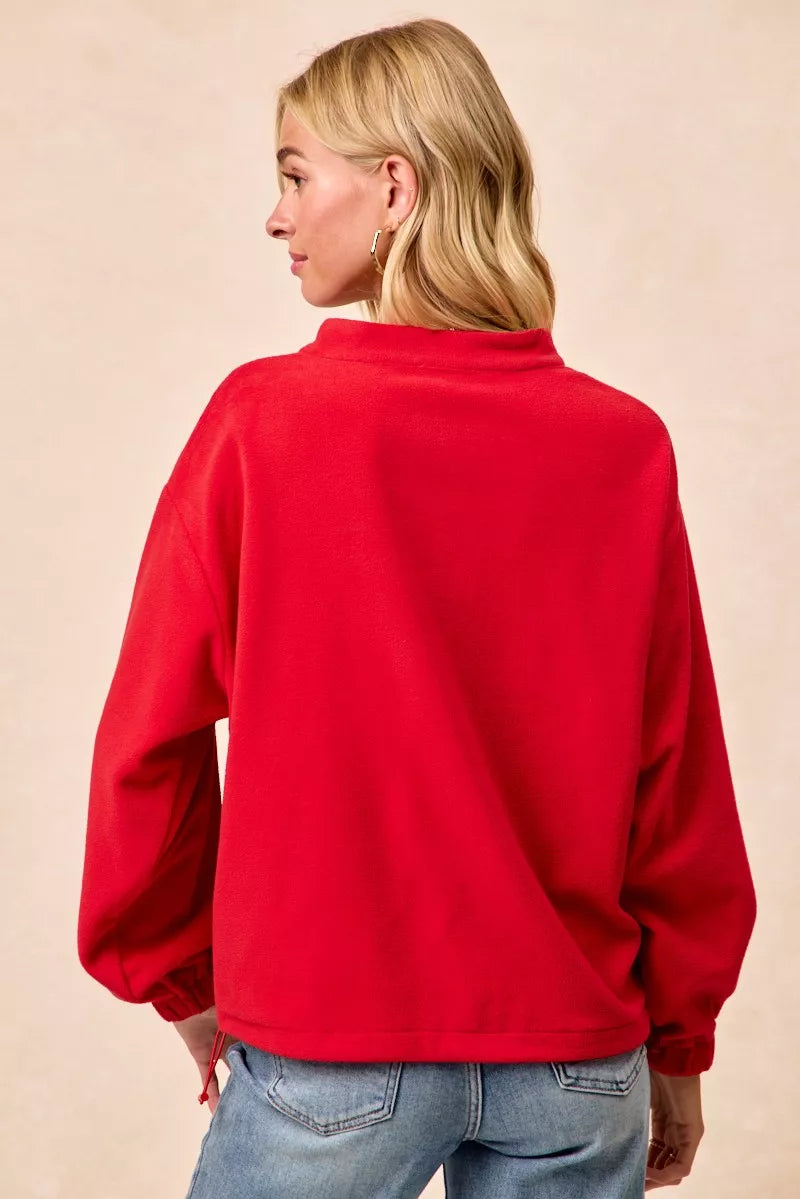 BiBi Red Christmas Theme Fleece Buttoned Top with Pockets