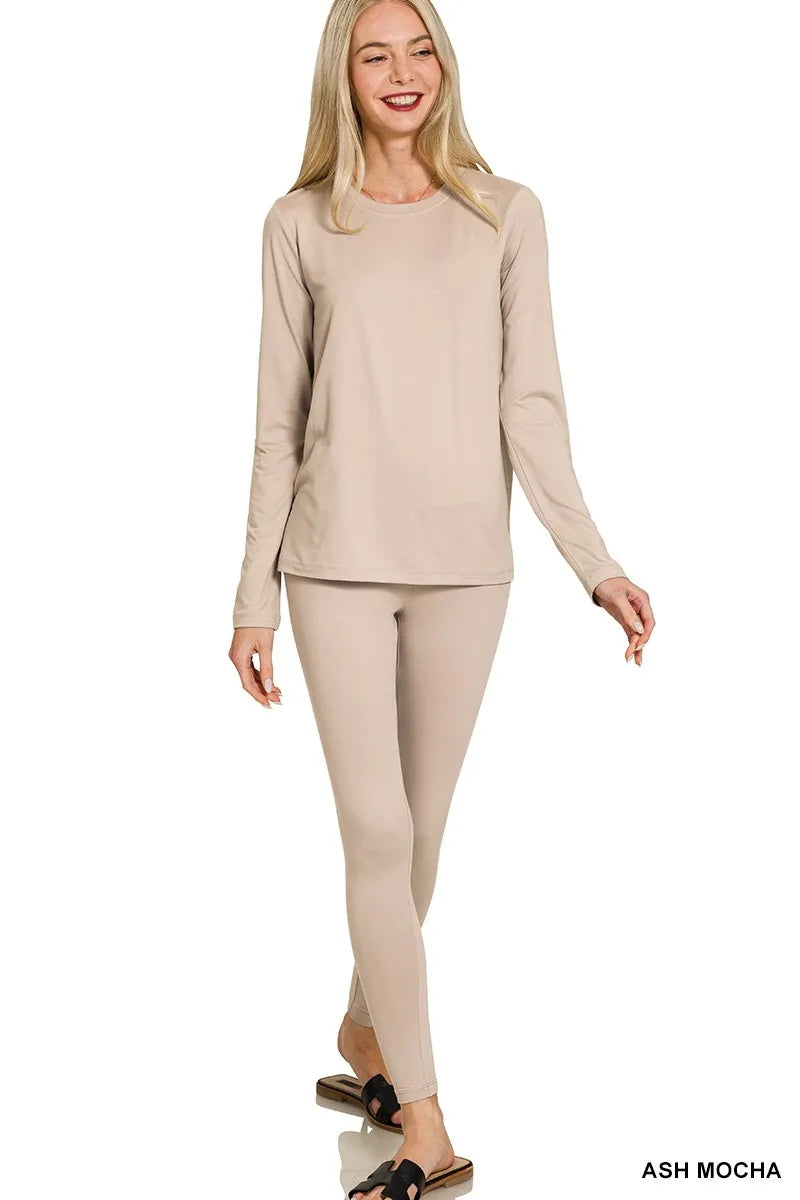 Zenana Ash Mocha Microfiber Round Neck Top and Leggings Set