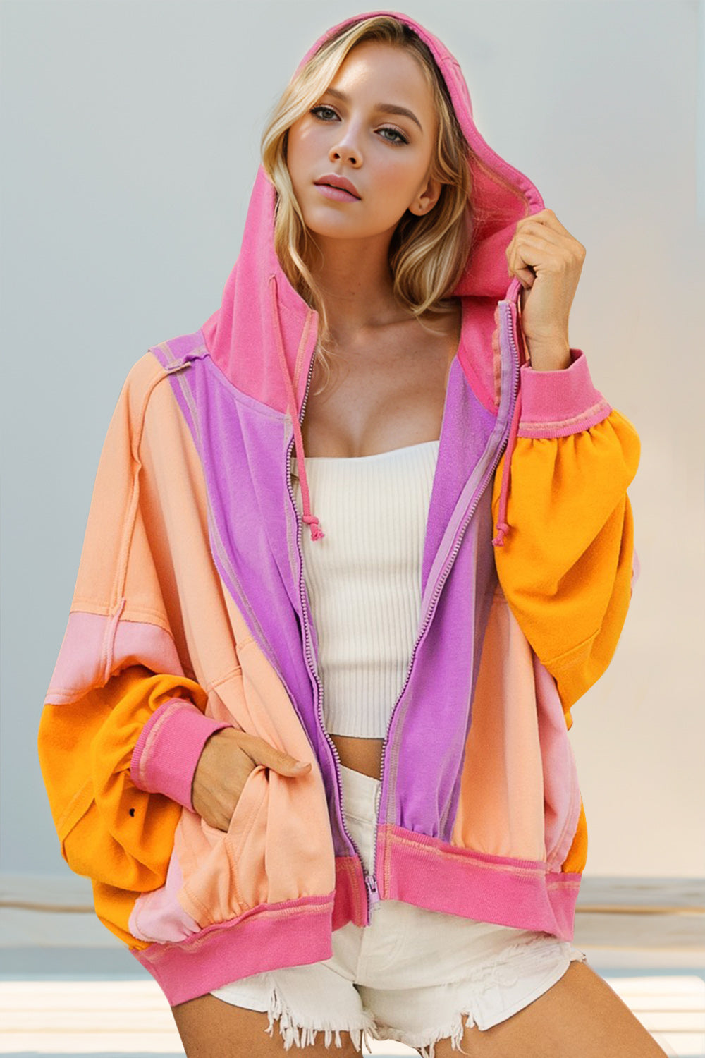 Preorder (4 Colors) Double Take Full Size Color Block Zip Up Hoodie Heliotrope Purple