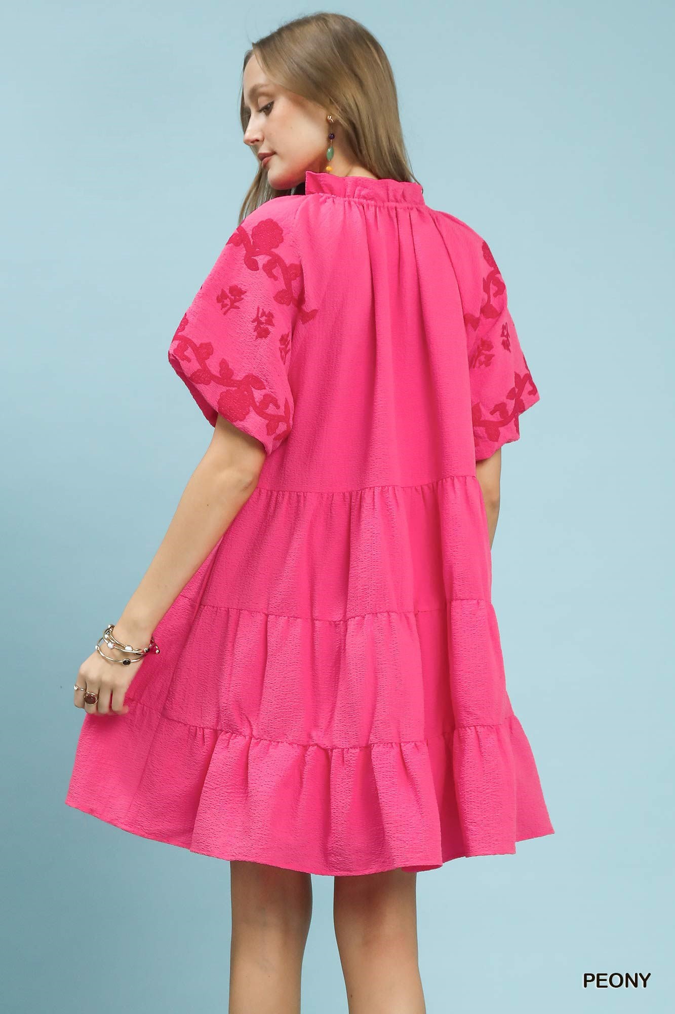 Umgee Peony Embroidered Tiered Puff Sleeve Mini Dress