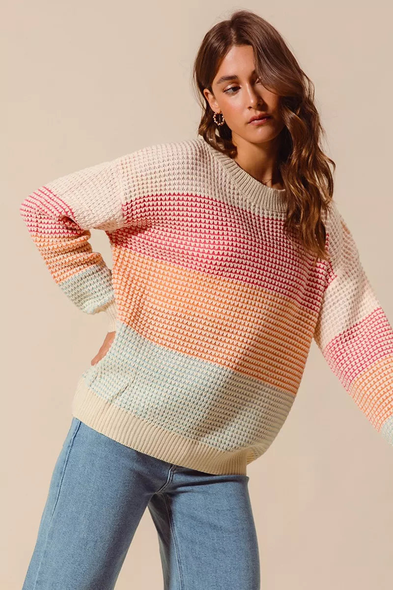 SO ME Oatmeal Combo Multi Color Block Long Sleeve Sweater