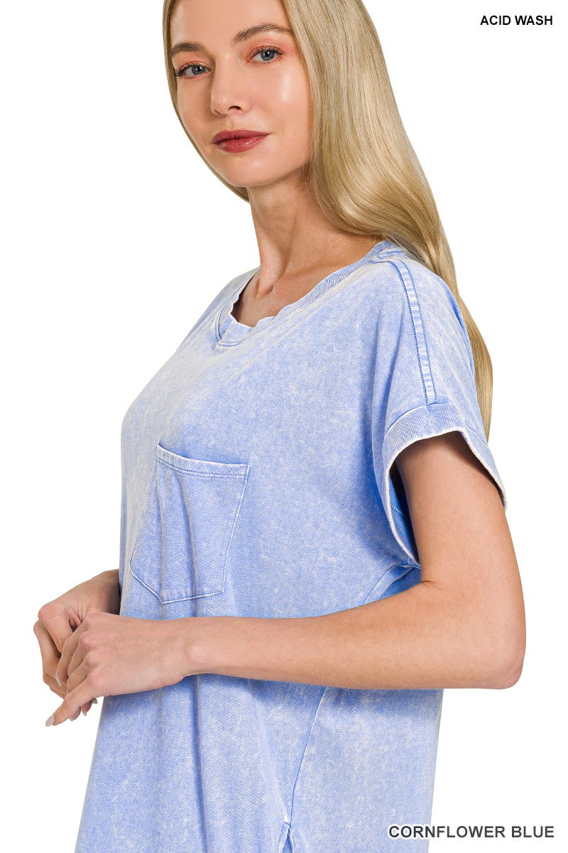 Zenana Cornflower Blue Acid Washed Exposed Seam Short Sleeve T-Shirt Dress