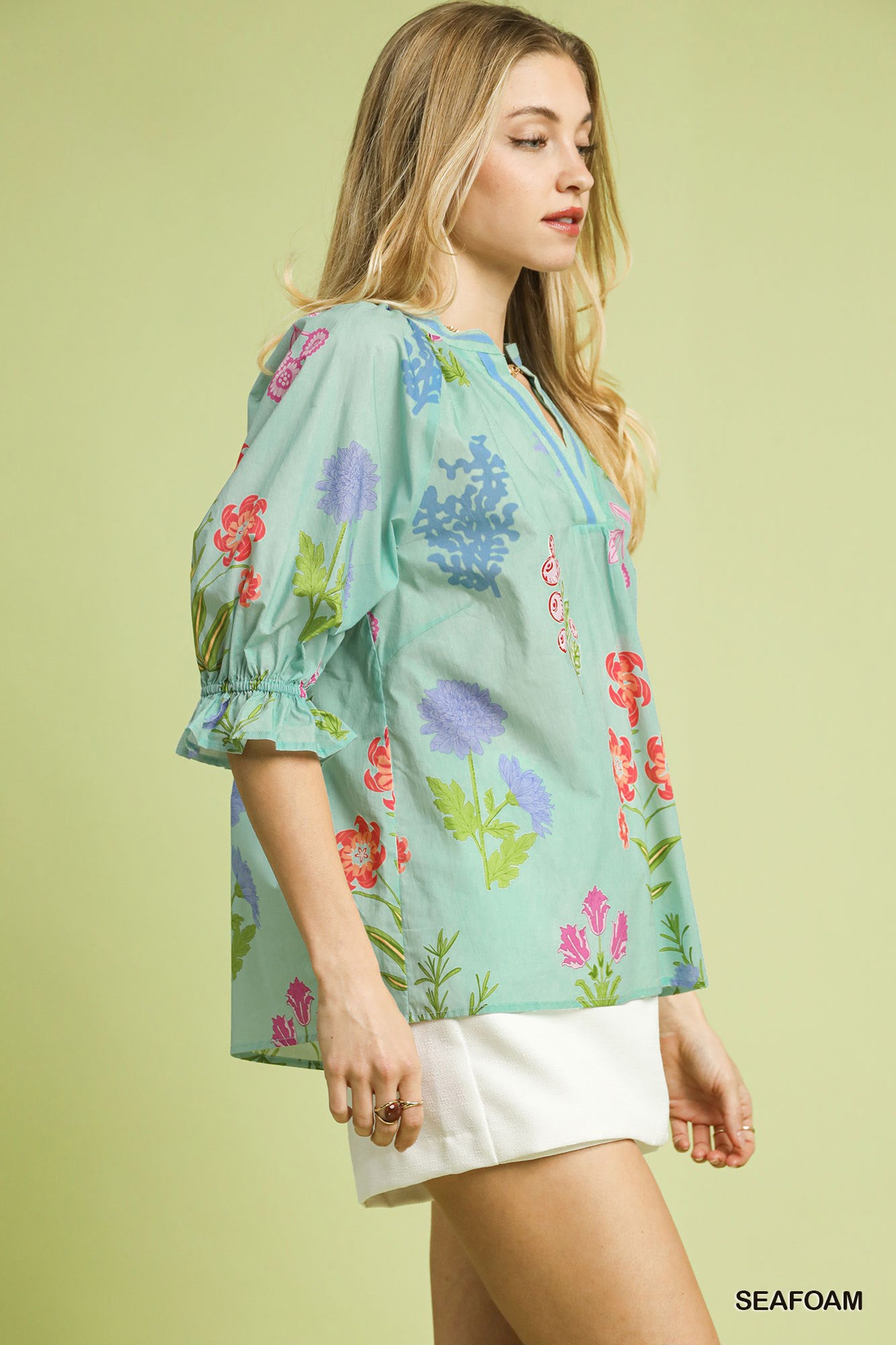 Umgee Sea Foam Floral Split Neck Puff Sleeve Blouse