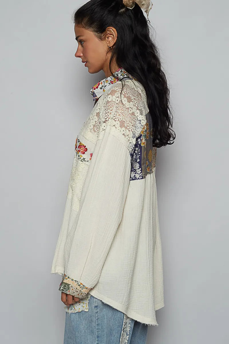 POL Ivory Multi Lace Patchwork Floral Trim Double Gauze Long Sleeve Shirt