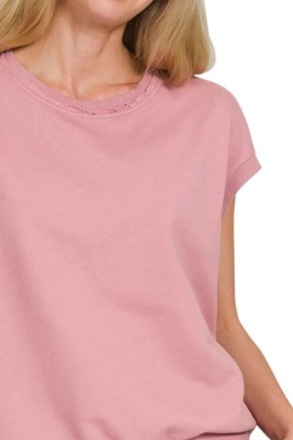 Zenana Light Rose French Terry Round Neck Cap Sleeve T-Shirt