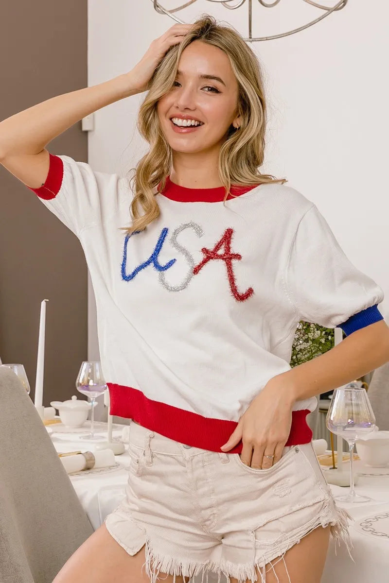 BiBi White USA Metallic Letter Color Block Light Weight Knit Top