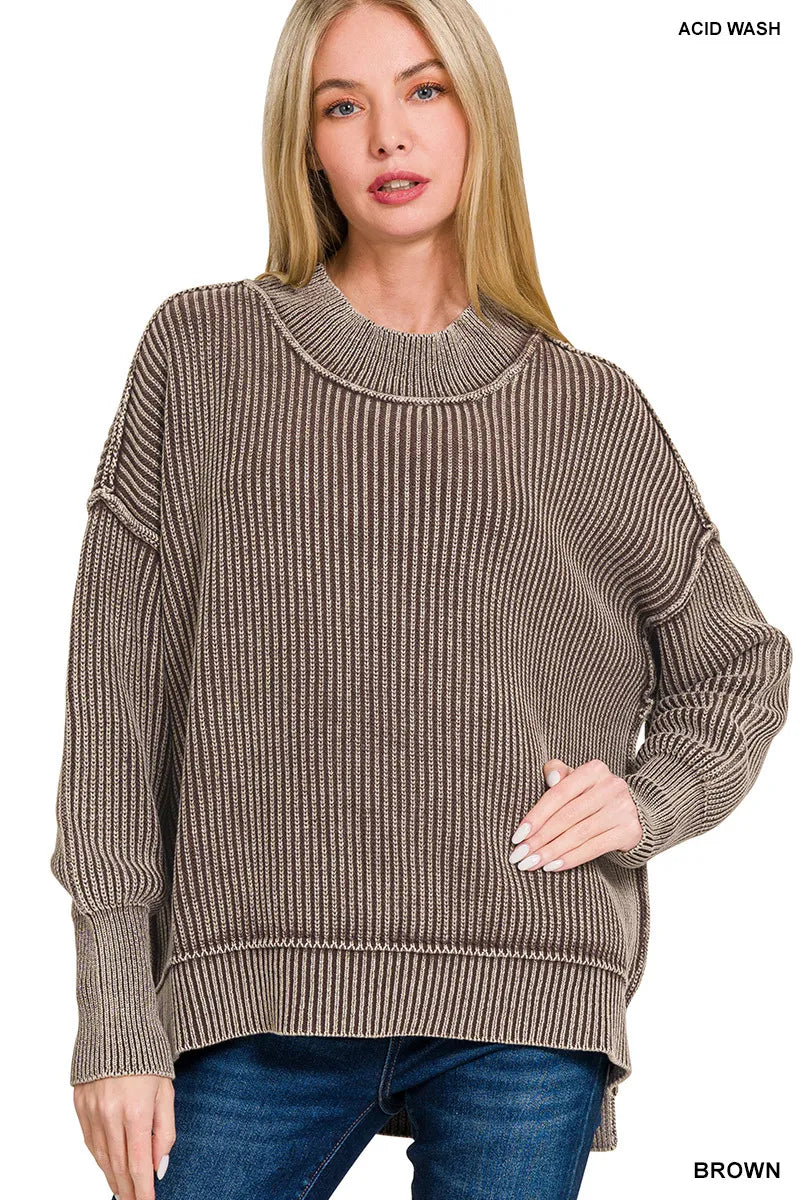 Zenana Brown Washed Side Slit Oversized Sweater BROWN