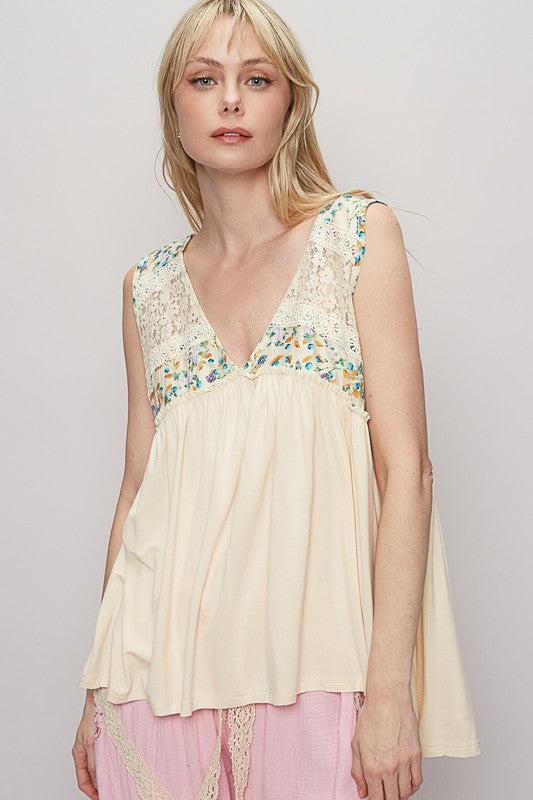 POL Lace Detail Frill Floral V-Neck Sleeveless Top in Cream Cream