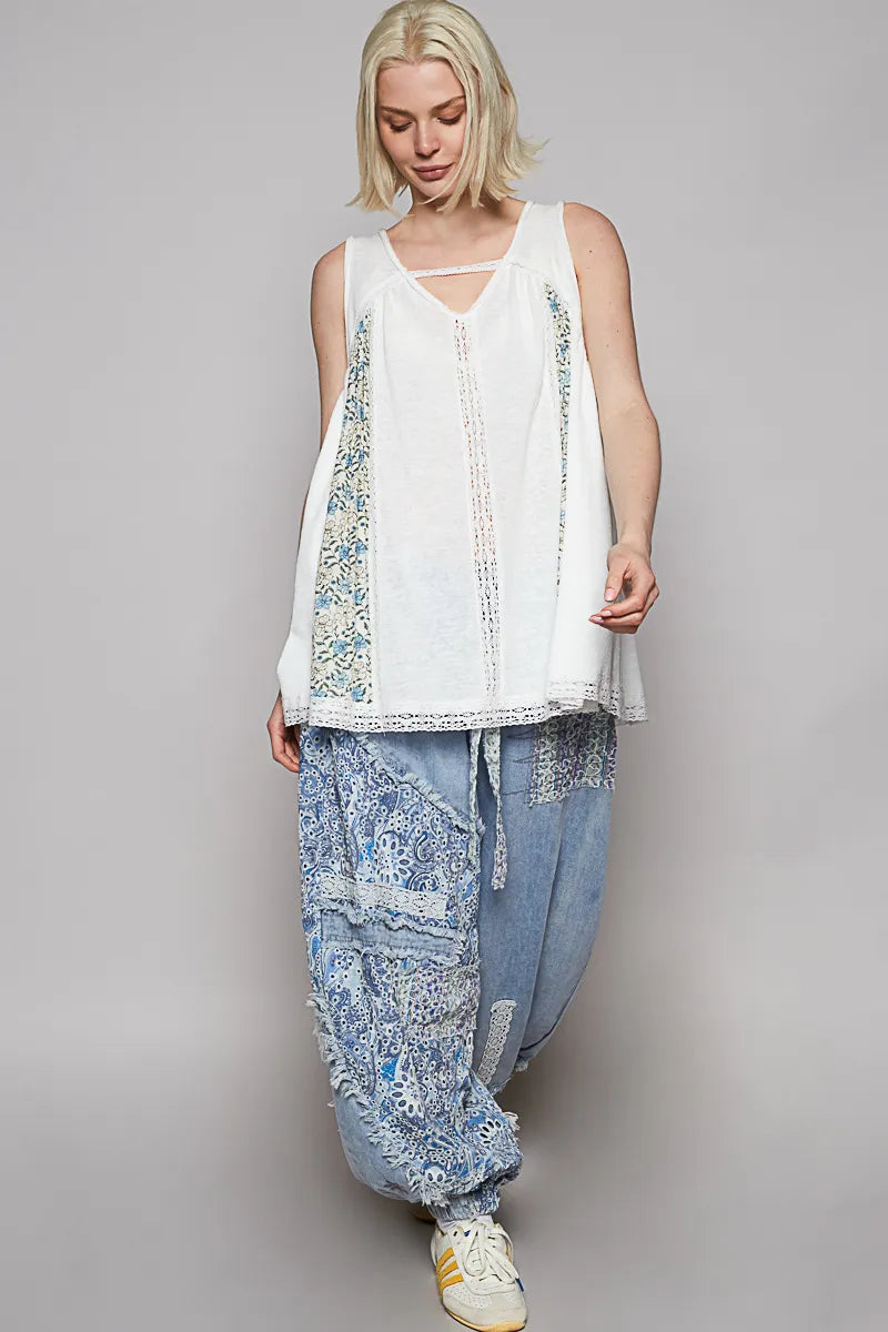 POL Off White V Neck Sleeveless Tank Top with Lace Detail