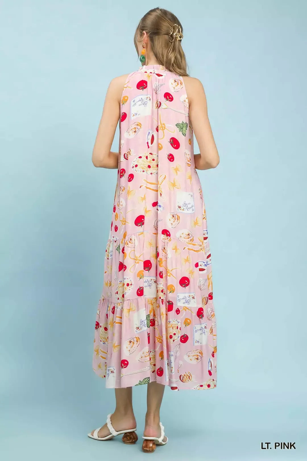 Umgee Light Pink Abstract Print Tiered Halter Midi Dress