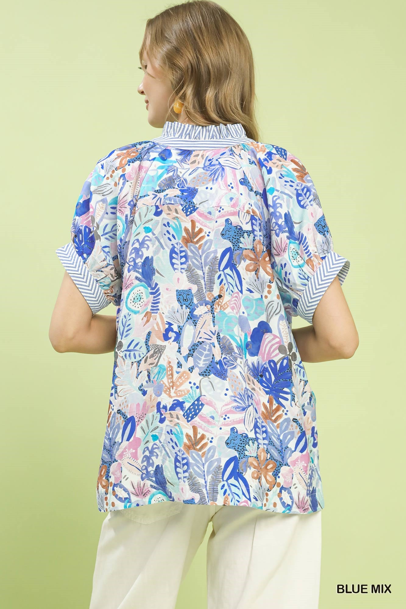 Umgee Blue Mix Boho Printed V-Neck Blouse