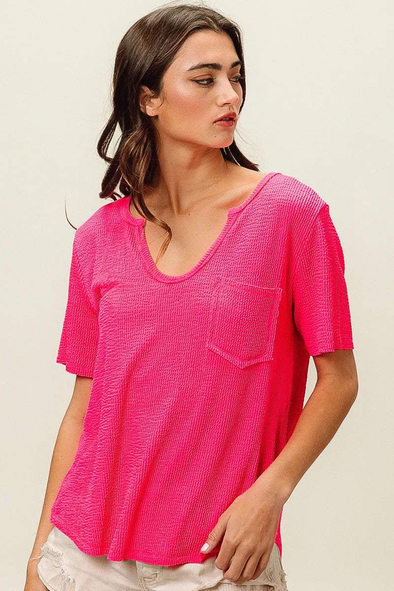 BiBi Fuchsia Waved Rib U Neck Top With Front Pocket