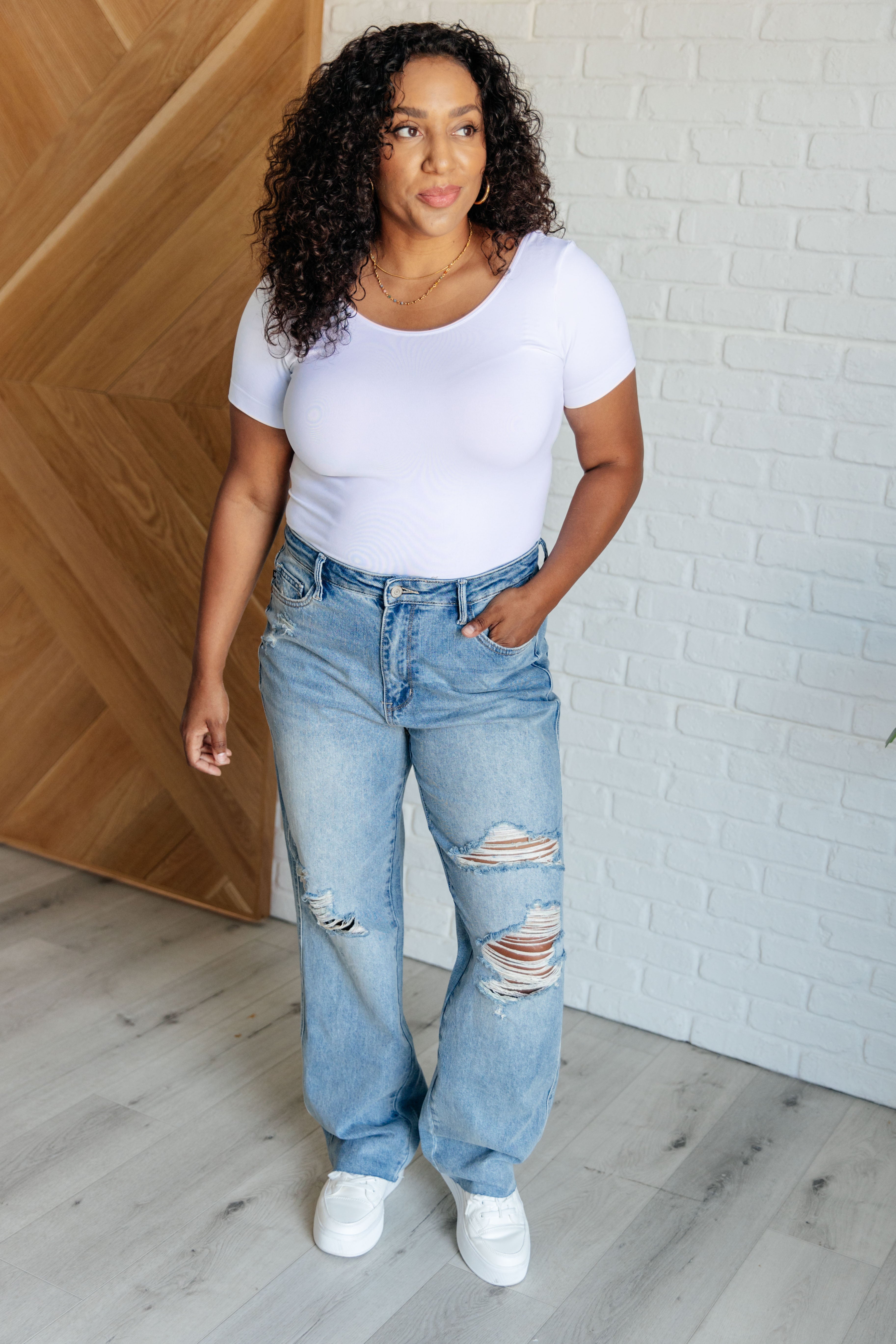 Judy Blue Ramona High Rise Rigid Magic Destroyed Straight Jeans Denim