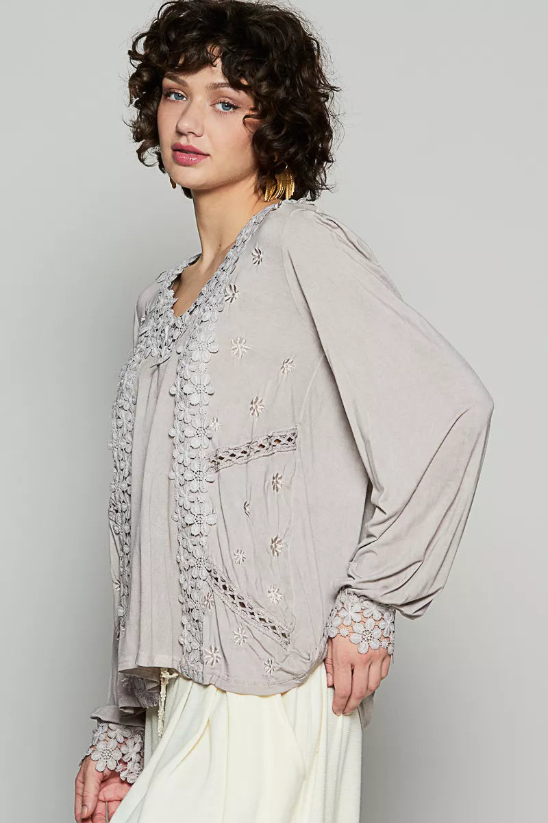 POL Romantic Taupe Floral Embroidery Woven Blouse with Lace Trim