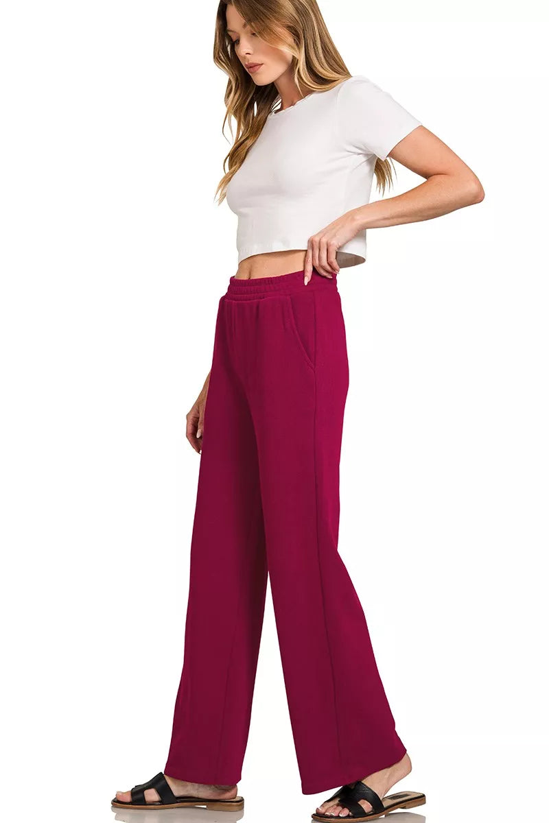 Zenana Dark Burgindy French Rib Pullover and Pants Set