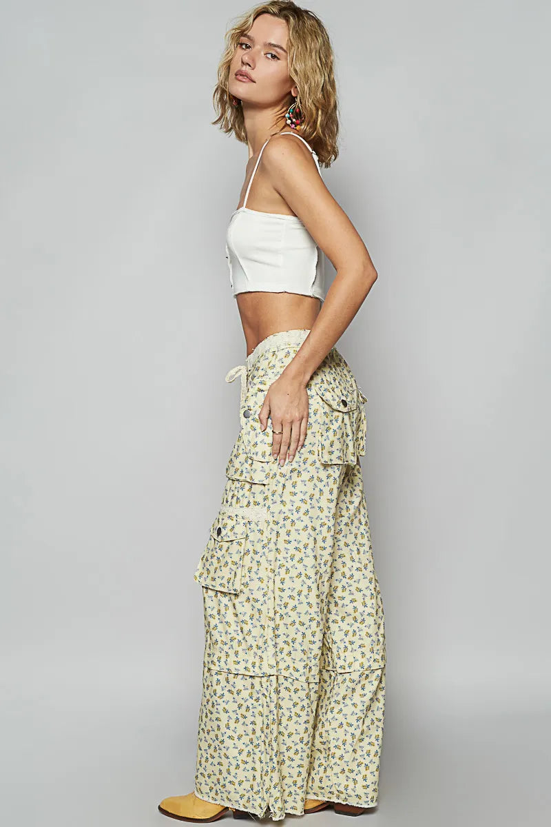 POL Vanilla Floral Lace Drawstring Cargo Pants