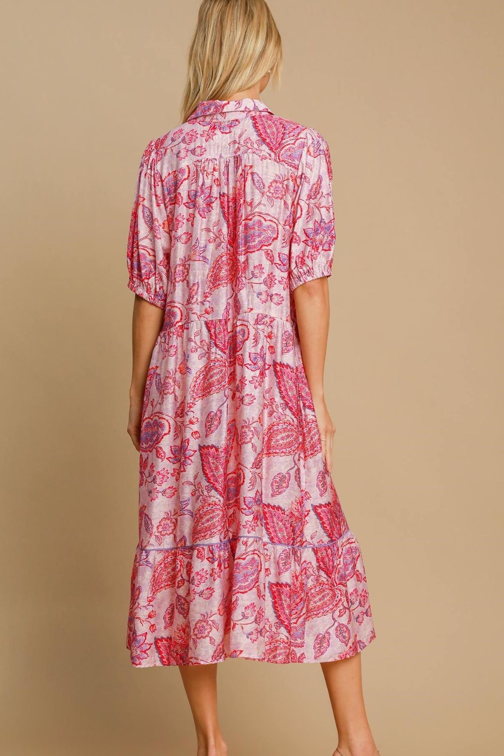 Umgee Pink Mix Ruffled Hem Floral Paisley Print Half Sleeve Midi Dress