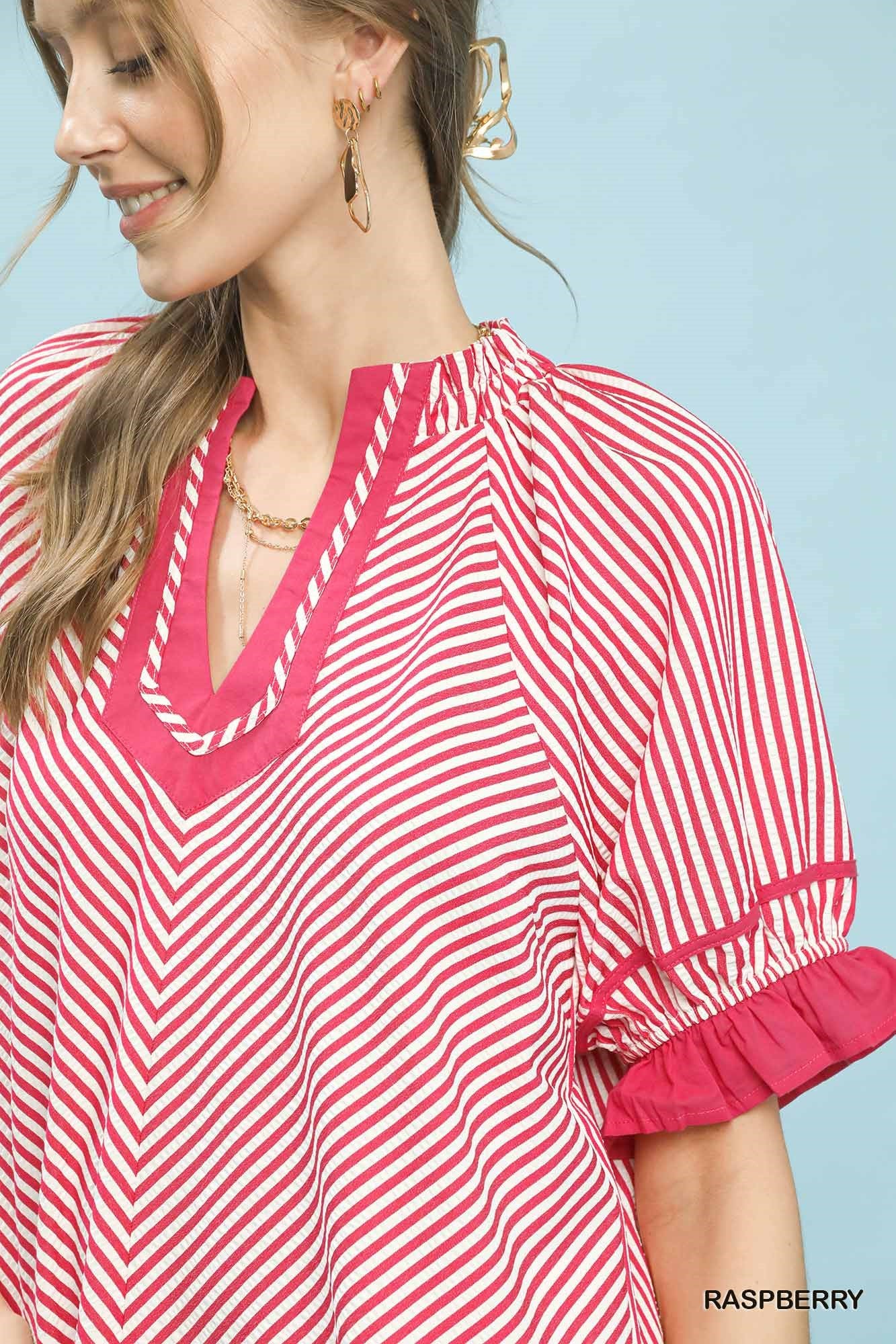 Umgee Raspberry Stripe Ruffle Sleeve Split-Neck Blouse