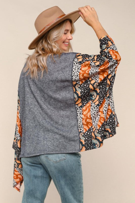 Haptics Two-tone Paisley French Terry Poncho Top