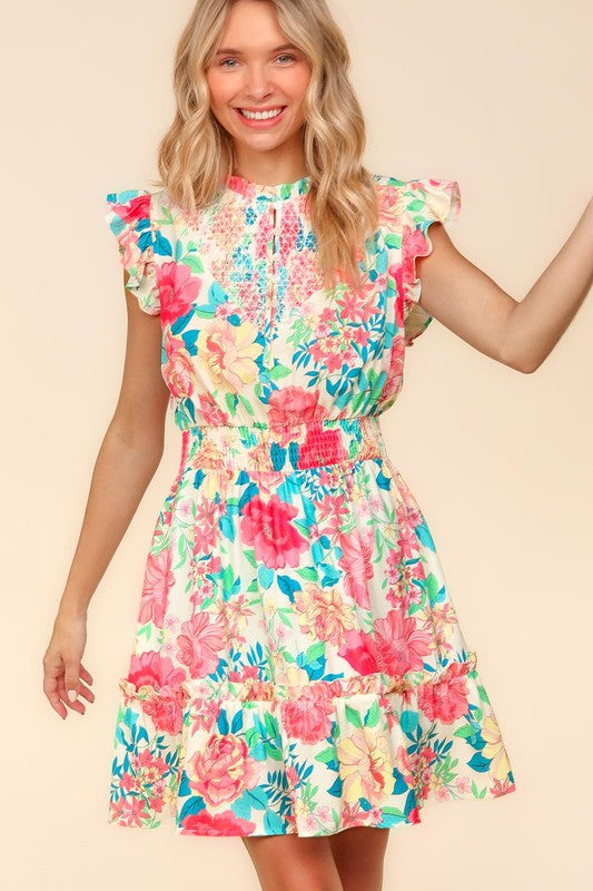 Haptics Floral Smocked Flutter Sleeve Ruffle Mini Dress