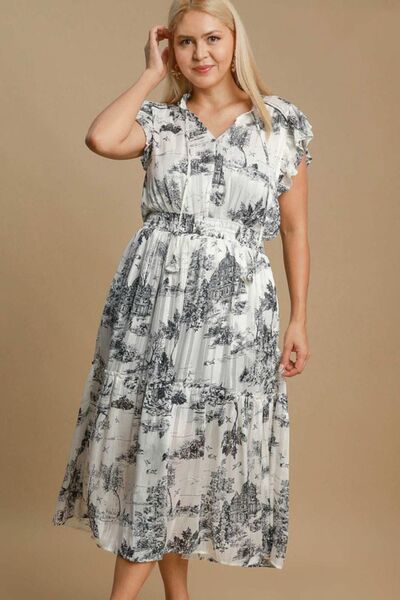 Umgee Black Two Tone Landscape Print Midi Dress with Metallic Threads