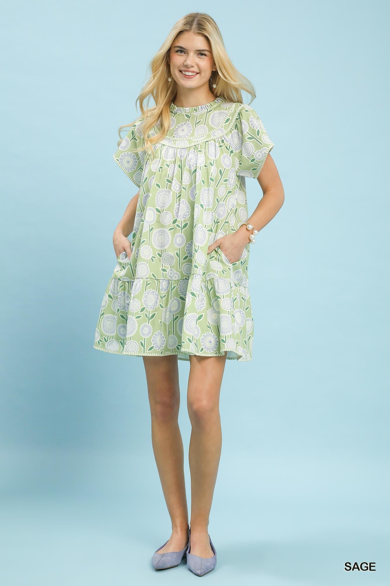 Umgee Sage Floral Print Tiered Babydoll Dress