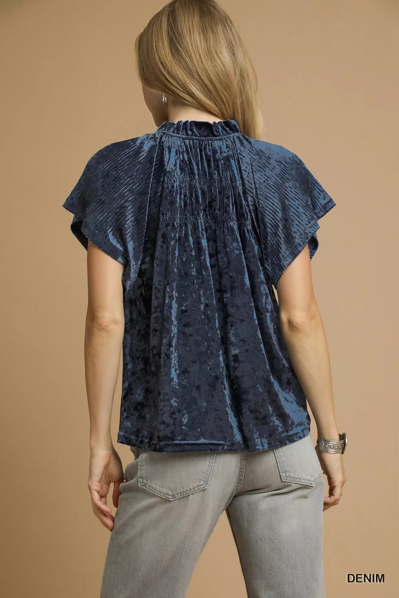 Umgee Denim Crushed Velvet Pleated Blouse