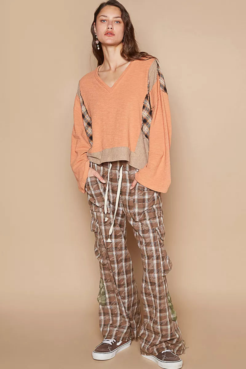 POL Dried Papaya V-Neck Long Sleeve Plaid Contrast Top with Texture Knit Detail