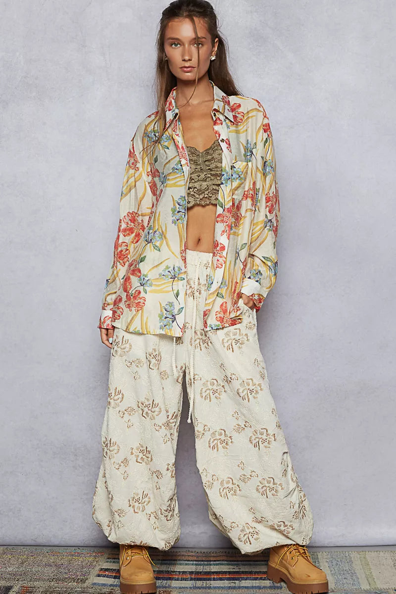 POL Floral Print Button Down Long Sleeve Shirt