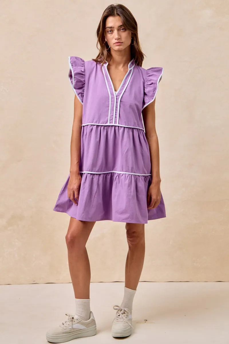 BiBi Purple Game Day Theme Contrast Binding Ruffled Dress
