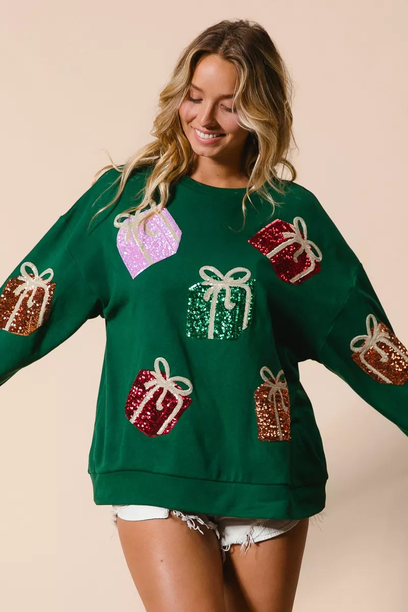 BiBi Green Sequin Christmas Gift Box Embroideries Pullover