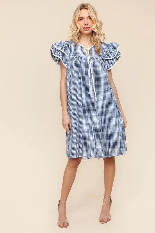 Haptics Navy Plaid Double Ruffle Sleeve Dress with Side Pockets Navy