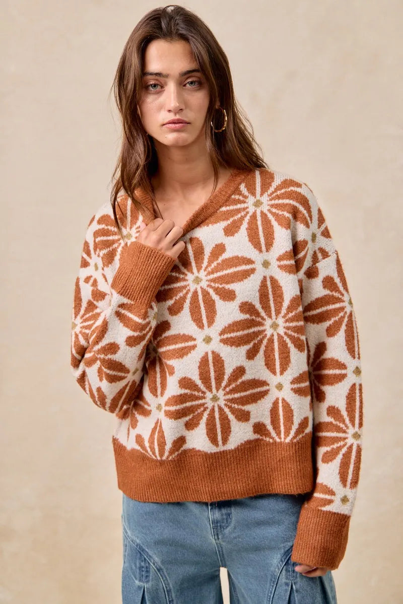 BiBi Rust & Ivory Flower Pattern Long Sleeve Sweater