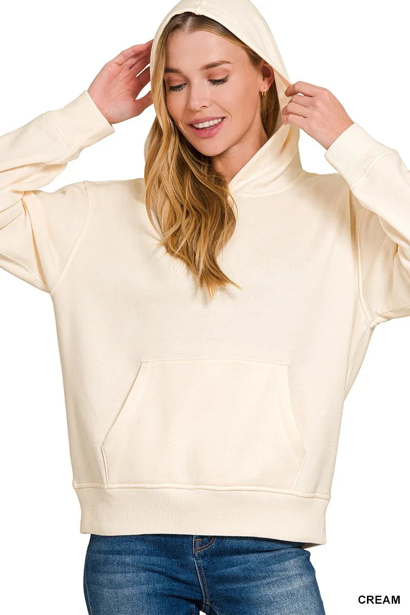 Zenana Cream Fleece Kangaroo Pocket Hoodie