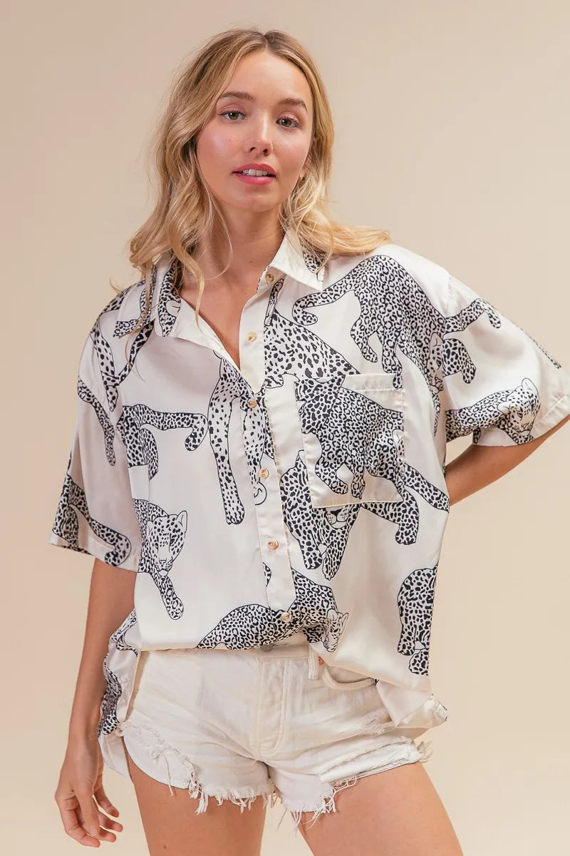 BiBi Oatmeal Leopard Print Short Sleeve Silky Satin Shirt Top