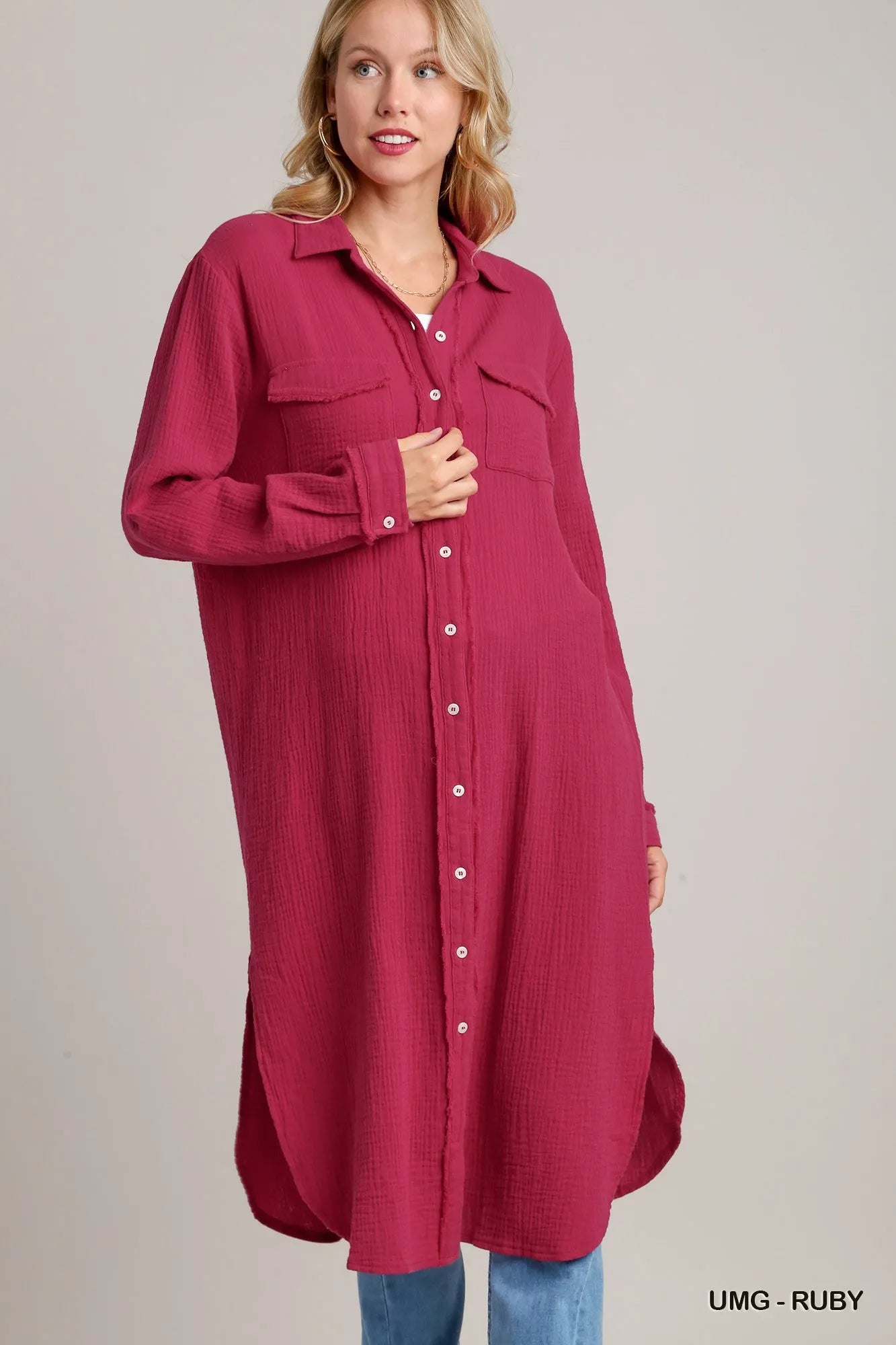 Umgee Ruby Cotton Gauze Button Down Shirt Dress UMG-RUBY